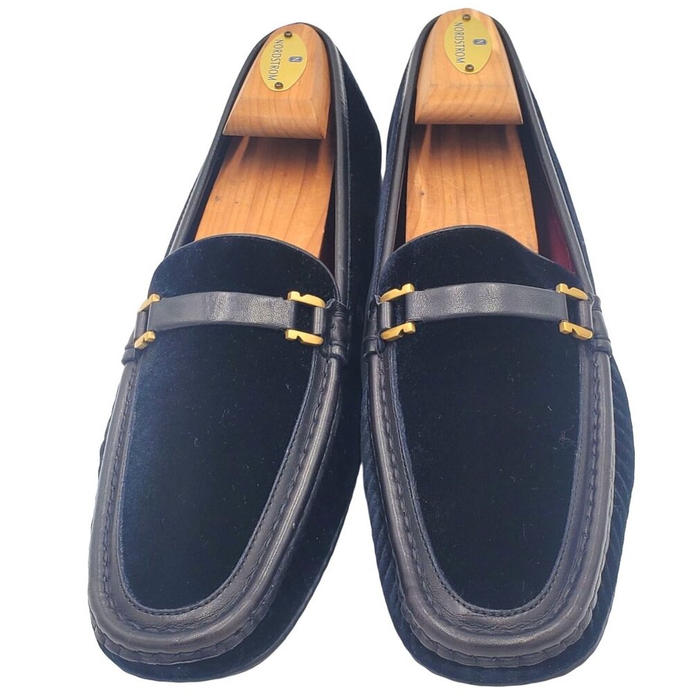 Salvatore Ferragamo Black Velvet & Leather Bit Loafer with Gold Hardware - Picture 2 of 12